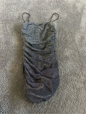 White Fox Boutique Metallic Charcoal Ruched Mini Dress